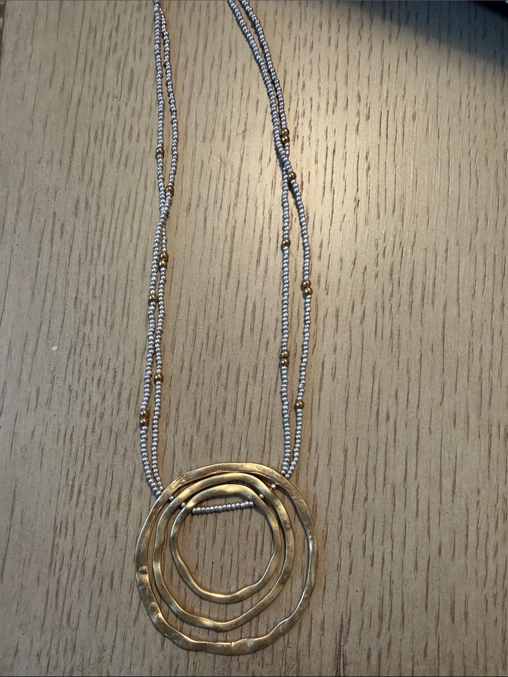 Gold Multi-Ring Pendant Necklace with Silver Beaded Chain